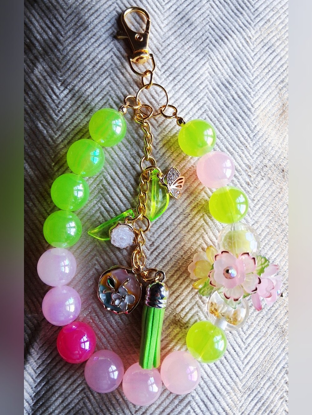 Neon Green & Pink Floral Beaded Keychain